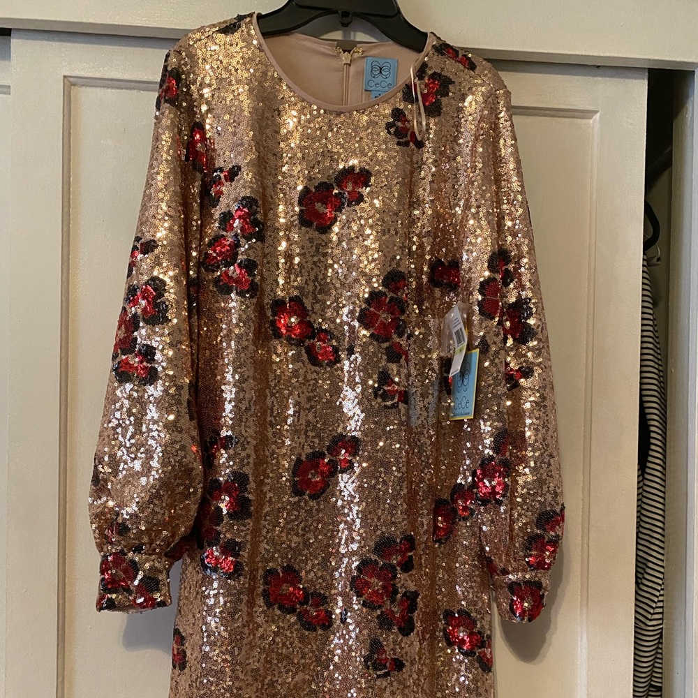 CeCe Blush Gold and Red Sequin Dress. Bisho Sleeve